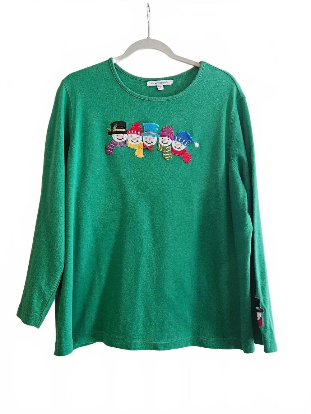 Mercer Street Studio Women's Green Long Sleeve Snowman Embroidered Shirt 1X-VTG